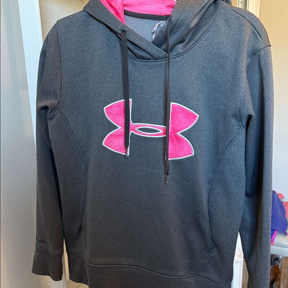 Under Armour Charcoal Hoodie with Vibrant Pink Emblem